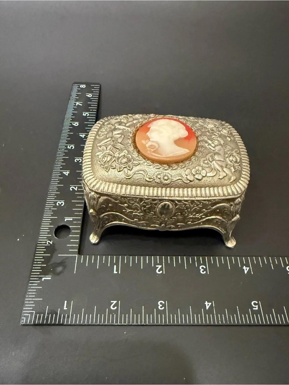 Vintage Victorian Revival Cameo Silver-plated Ornate Footed Trinket Jewelry Box